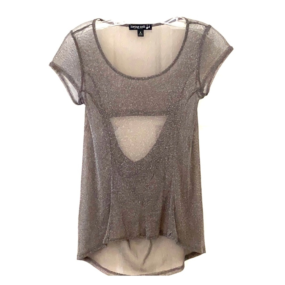 Open back, sheer silver top